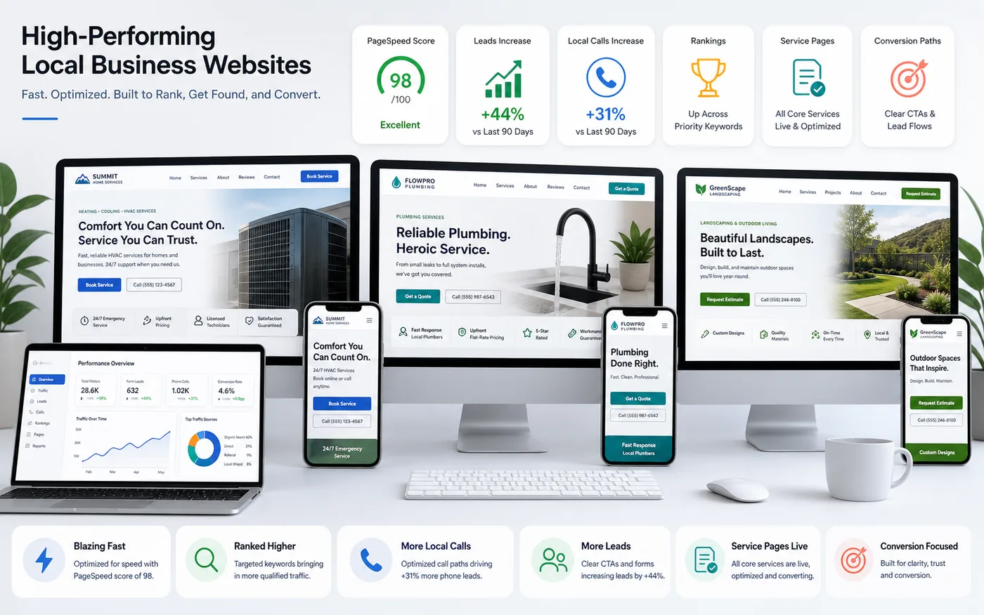 Original website performance visual with sample local business website, ranking, lead, and page speed indicators.